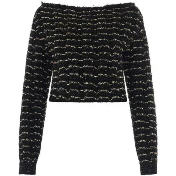 Balmain Sweater Black Gold Off-shoulder Metallic Knit Crop Tweed Lined Boxy  Top